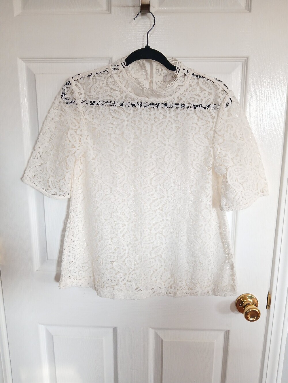 LOFT Cream Lace Crochet Short-Sleeve Blouse Boho Festival Office Party Feminine